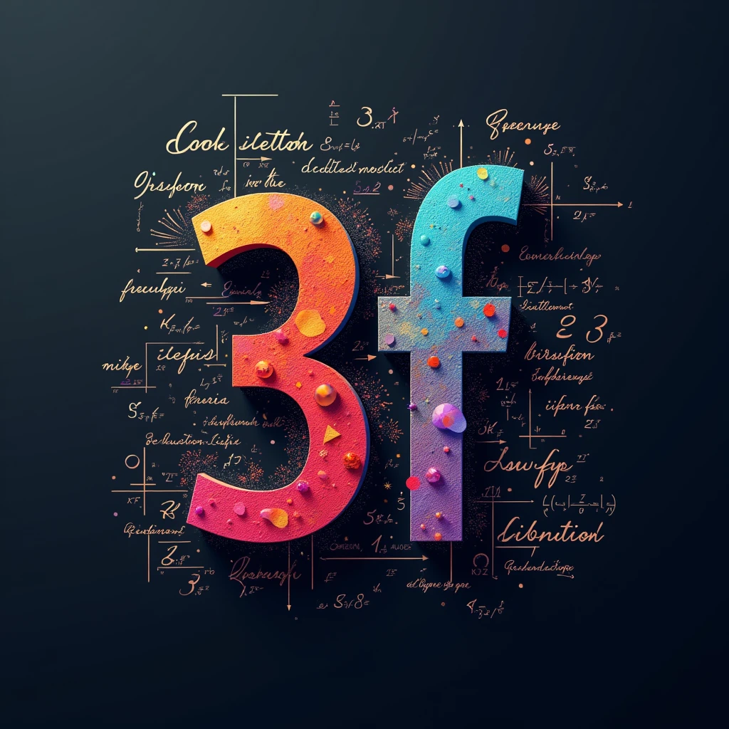 Colorfull logo with big text "3f" and many writing and calculating details in dark gray background