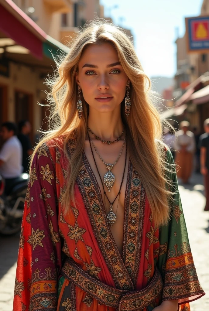 Most beautiful german blonde lady, wearing kabyle robe, kabyledress, amazigh, berber, kabyleoitfits, bijoux, street background, realistic,4k, professional, blue