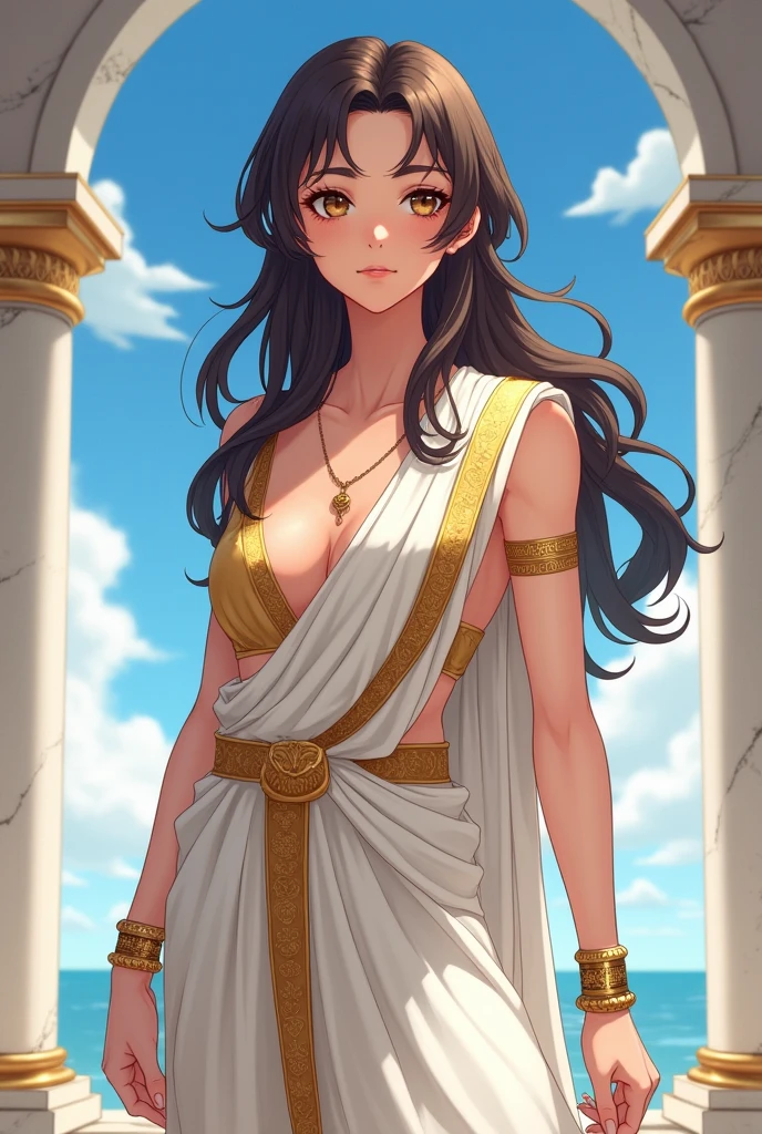 Create an anime character set in an ancient Greek-inspired setting. The character is a young femboy with an androgynous body, possessing both masculine and feminine traits. He has long, flowing dark brown hair that reaches his shoulders, styled in soft waves. His facial features are delicate and refined, with large, expressive brown eyes framed by long lashes and neatly shaped eyebrows. He has a subtle touch of makeup, including lightly glossed lips and a hint of blush on his cheeks.

His outfit blends traditional Greek attire with modern anime aesthetics: a white and gold chiton (ancient Greek tunic) that drapes elegantly over one shoulder, revealing his lean, toned chest. The fabric cinches at the waist with a golden belt, giving a hint of an hourglass figure. He wears golden bracelets on his wrists and a delicate necklace with a small pendant resting against his collarbone. His stance is graceful and confident, with a serene expression, standing in front of classical Greek architecture, like marble columns and a clear blue sky.