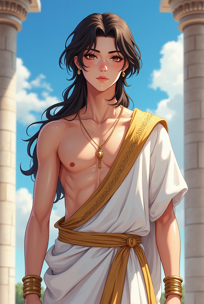 Create an anime character set in an ancient Greek-inspired setting. The character is a young femboy with an androgynous body, possessing both masculine and feminine traits. He has long, flowing dark brown hair that reaches his shoulders, styled in soft waves. His facial features are delicate and refined, with large, expressive brown eyes framed by long lashes and neatly shaped eyebrows. He has a subtle touch of makeup, including lightly glossed lips and a hint of blush on his cheeks.

His outfit blends traditional Greek attire with modern anime aesthetics: a white and gold chiton (ancient Greek tunic) that drapes elegantly over one shoulder, revealing his lean, toned chest. The fabric cinches at the waist with a golden belt, giving a hint of an hourglass figure. He wears golden bracelets on his wrists and a delicate necklace with a small pendant resting against his collarbone. His stance is graceful and confident, with a serene expression, standing in front of classical Greek architecture, like marble columns and a clear blue sky.