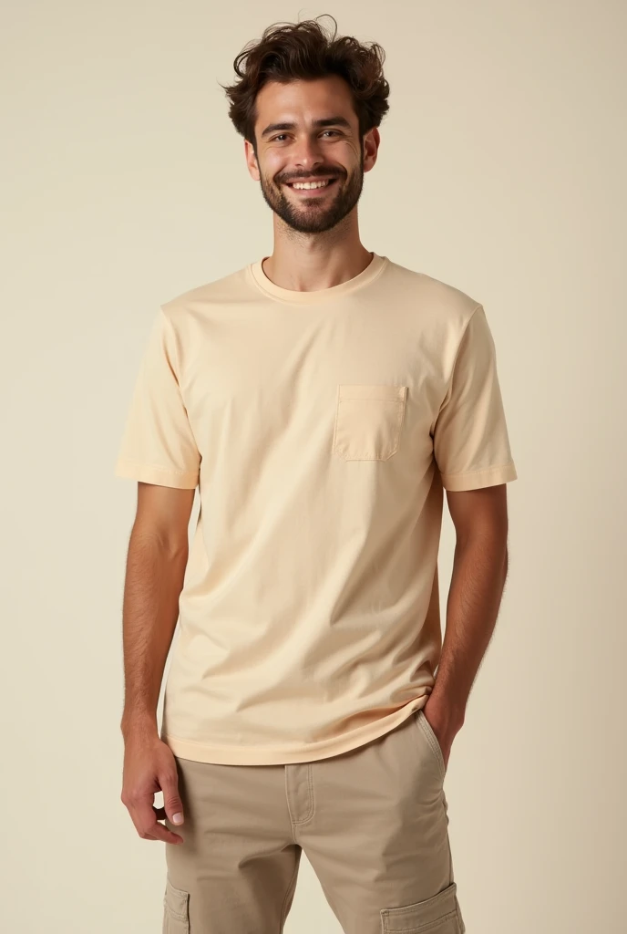 a young man standing with a beige t-shirt mockup