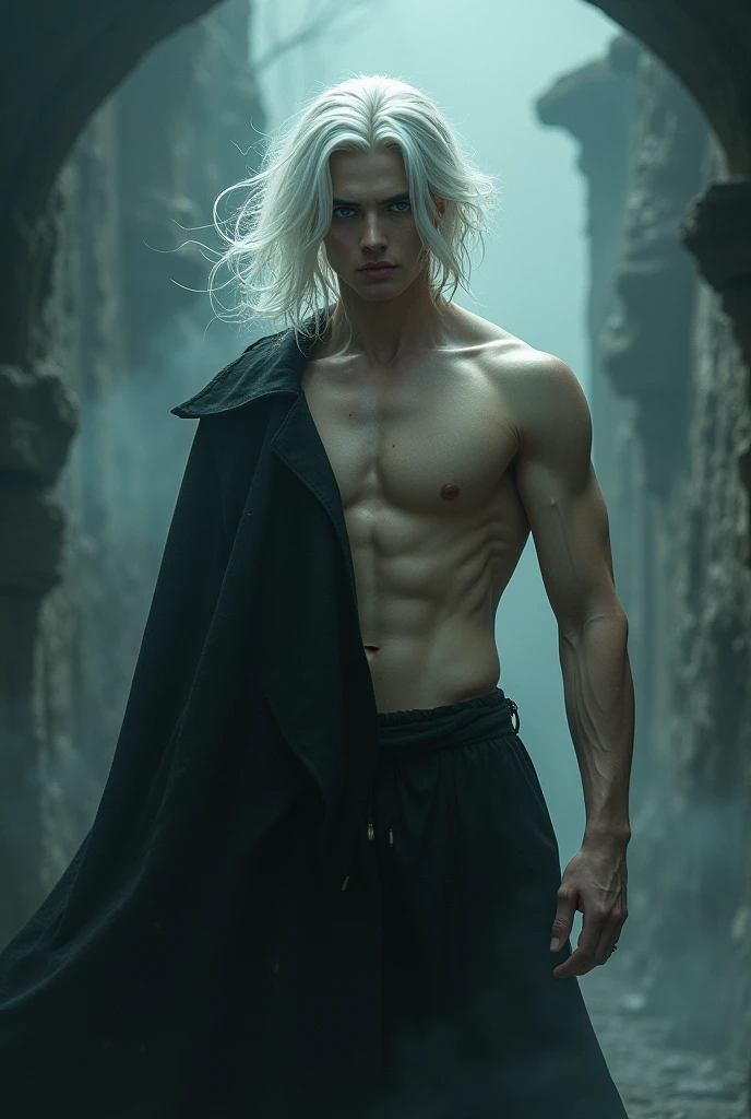 a man with effeminate features, white hair, muscles and a cursed aura, gay