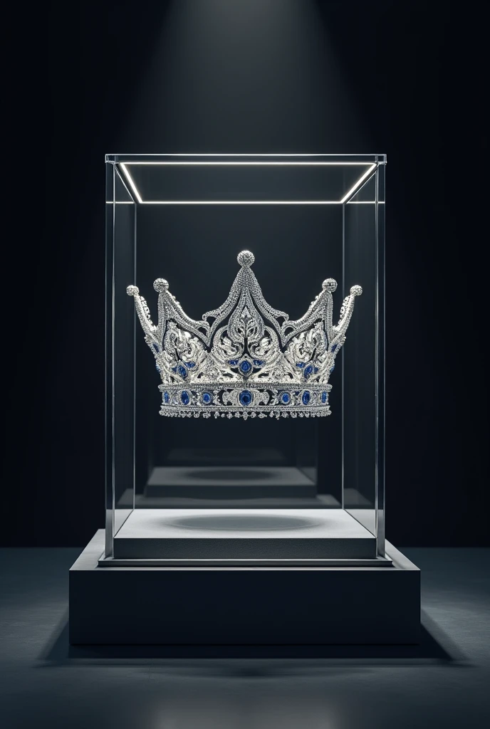 (bookcover), large silver wedding crown, Wedding crown in a glass box on the table, dark background, Under the glass box there is a stage space for cast weddings