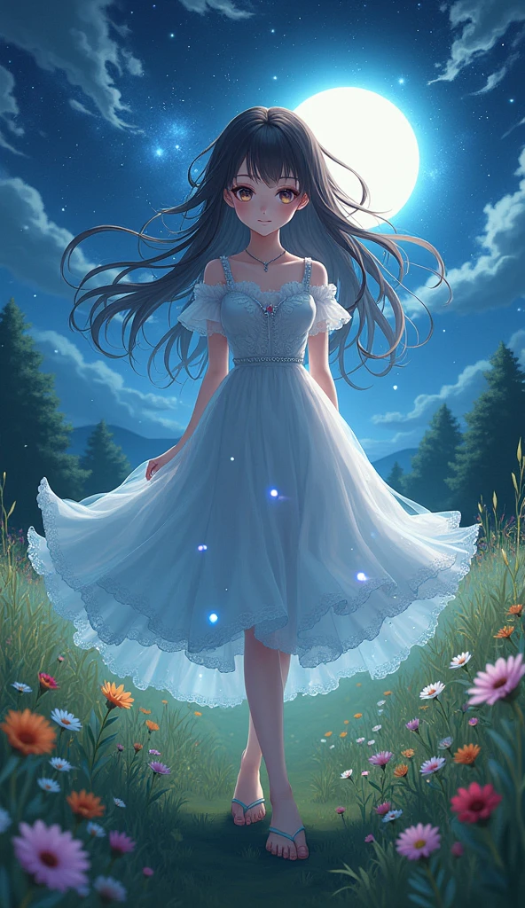(masterpiece、Highest quality、8k、High resolution)、1 female、(Beautiful Face、Beautiful Face)、Beautiful eyes with slit length、Cute lips、Beautiful Nose、Brownish black hair、smile、(Best anime girl)、Grassland with a forest view、Walking,Colorful flowers blooming in the field,A bright night with the stars clearly visible、full moon、milky way、Mysterious light particles from the whole body、Colorful light particles、A mysterious light shining around your head、melt、jewelry、necklace、dress、(Beautiful full body style)、Highly detailed anime art、A complete portrayal、