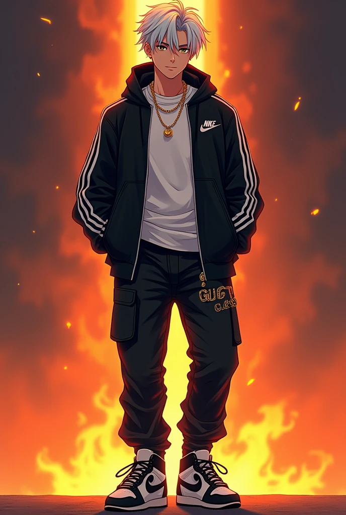 Make a handsome white anime boy with a white adidas shirt underneath of full to fit black Nike hoodie with which tick , and black pants of Gucci , and golden chain in neck and abs on the body , with black tick white Nike sneakers . Same pose with fire background , previous boy