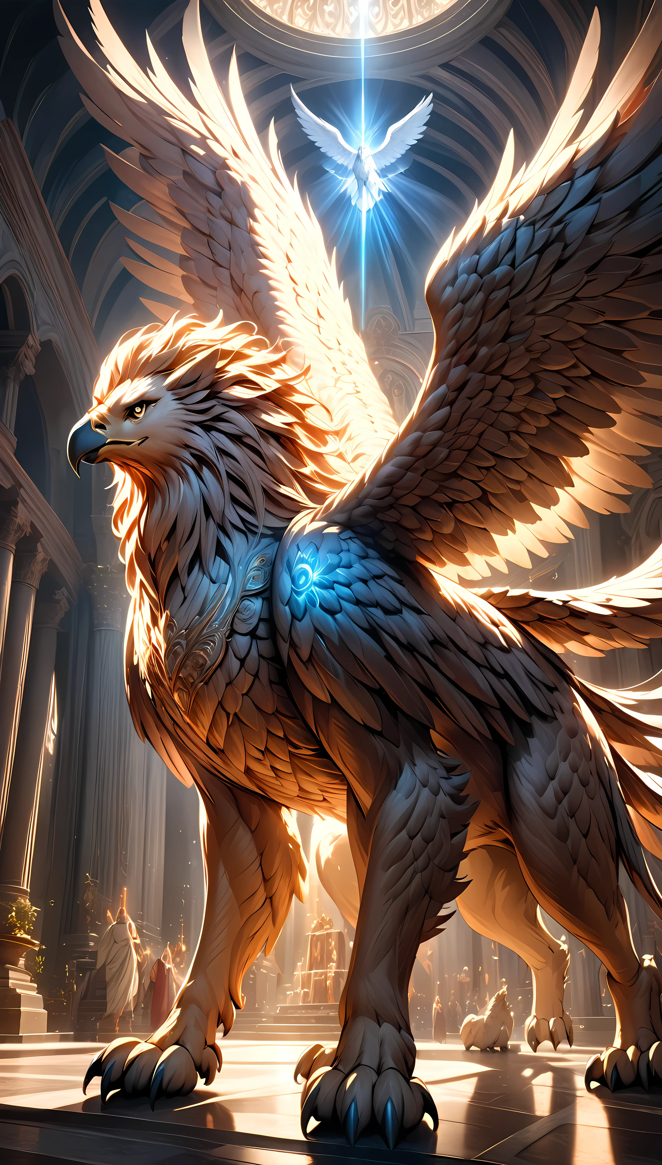 a giant majestic griffin, highly detailed and realistic, cinematic dramatic lighting, vibrant colors, masterpiece, religious painting, ARW, hyper-realistic, 8k, sharp focus, physically-based rendering, ultra-detailed, intricate details, chiaroscuro lighting, ethereal atmosphere, glowing energy, awe-inspiring, grandiose, powerful, mythical creature, mythological, fantasy, photorealistic, ornate, elegant, magnificent, divine, sacred, transcendent, spiritual