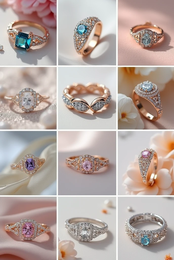 Collage of 9 pictures. Each picture shows a photo of luxury silver jewelry. bracelets, rings, pearl, diamonds They are multi-colored, brands "Night flower" written in beautiful font