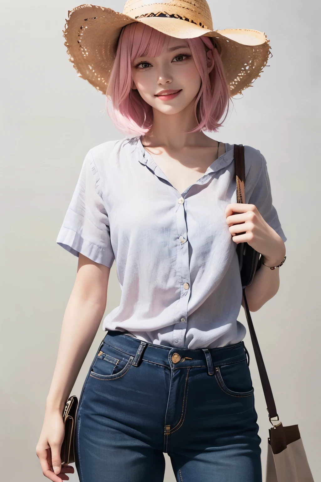 (8K, top-quality, masterpiece:1.2), ( Super Detail), (One girl), (Highly detailed), (beautifully detailed eyes), (of the highest quality), (super detailed ), (masterpiece), (Detailed face), ((pink hair,)), blunt bangs, bob cut, medium breasts, clothed, Perfect Lighting, BREAK, linen shirt, wide pants, simple sandals, straw hat, silver accessories, tote bag or crossbody bag fitted and sexy silhouette, stylish and modern look, BRAKE, (cowboy shot:1.3), (aroused smile:1.1), (white background:1.1)