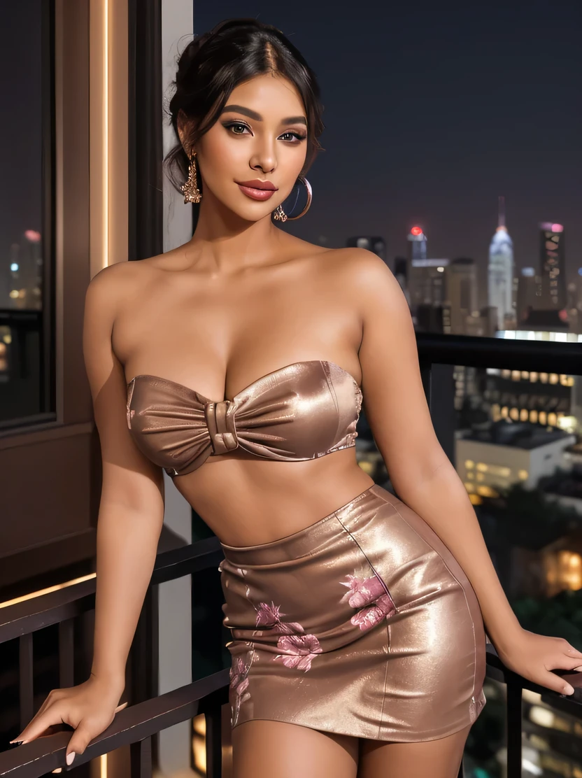 Create an ultra-realistic image of a modern, attractive female influencer of Indian descent, aged between 27 to 30. She should have a warm and inviting smile, expressive almond-shaped eyes with a slight shimmer, and clear, glowing skin with a medium brown complexion. Her features should be well-defined, with high cheekbones and a sharp jawline. Her hair should be long, thick, and styled in a classic chignon with delicate pearl hairpins, with a deep, reddish-purple hue that’s bold yet sophisticated. She should have a slender yet athletic build with gigantic breasts (plump: 1.3) (((Create an ultra-realistic image of a young woman, around 2, posing on a balcony at night with a stunning city skyline in the background. The woman has medium-length straight brown hair, styled neatly. She is wearing a strapless, nude-colored mini dress with decorative floral designs and cutouts on the front, highlighting a chic and elegant style. Her outfit includes matching nude high heels with soft embellishments, and she’s leaning casually against the balcony railing with one arm extended. The cityscape features a vibrant mix of tall, illuminated skyscrapers and buildings, with lights twinkling across the horizon, giving a luxurious and modern atmosphere. The lighting is warm and soft, emphasizing her features and the details of her attire, creating a glamorous yet relaxed night-out vibe))))