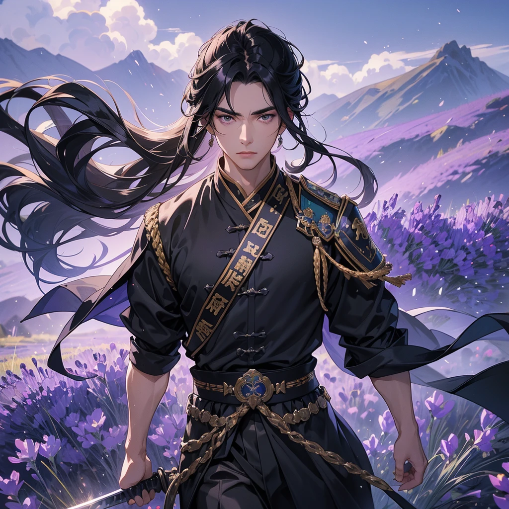 Handsome black-haired male general holding a large sword in black-blue ancient Chinese general costume, walking In the middle of lavender fields , Surrounded by lavender fields, purple, with green mountains in the background, low clouds, close up.