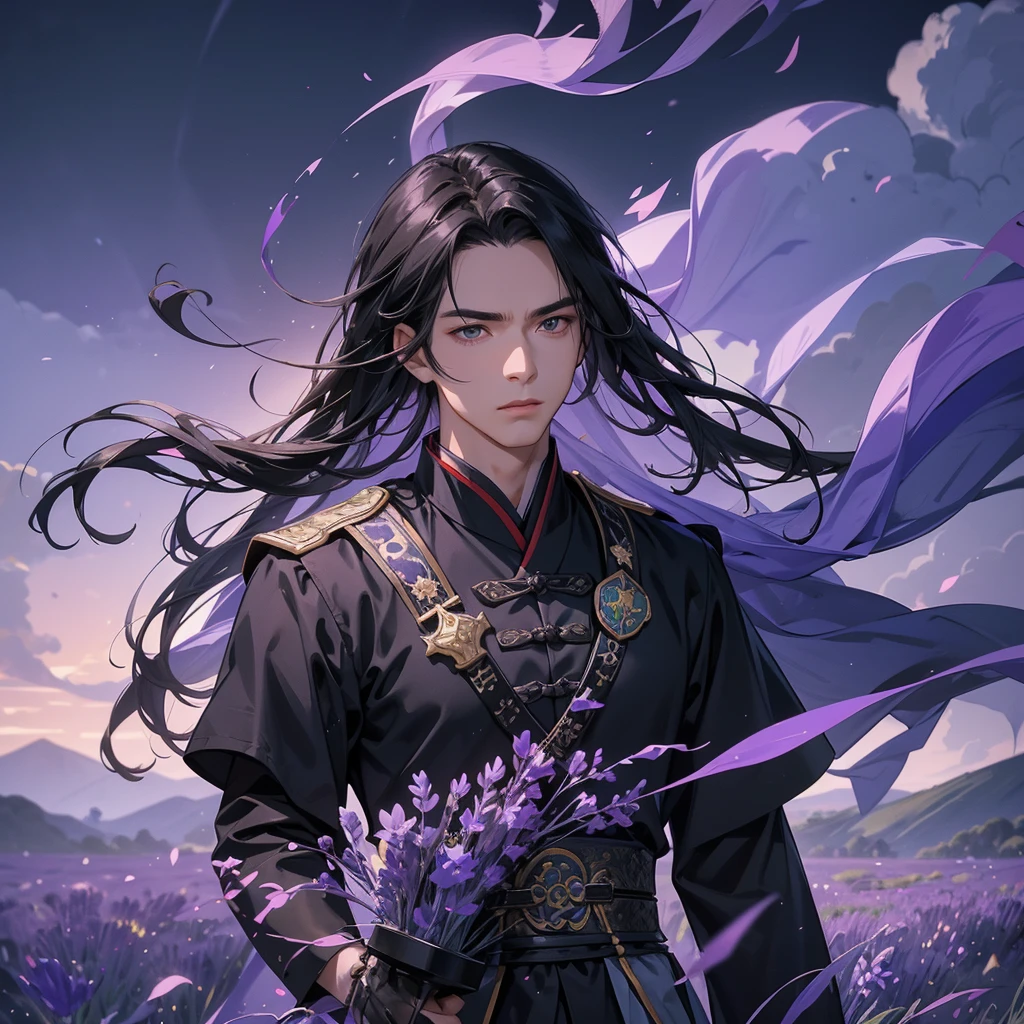 Handsome black-haired male general holding a large sword in black-blue ancient Chinese general costume, walking In the middle of lavender fields , Surrounded by lavender fields, purple, with green mountains in the background, low clouds, close up.