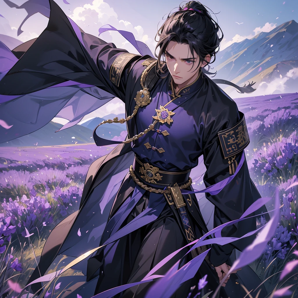 Handsome black-haired male general holding a large sword in black-blue ancient Chinese general costume, walking In the middle of lavender fields , Surrounded by lavender fields, purple, with green mountains in the background, low clouds, close up.