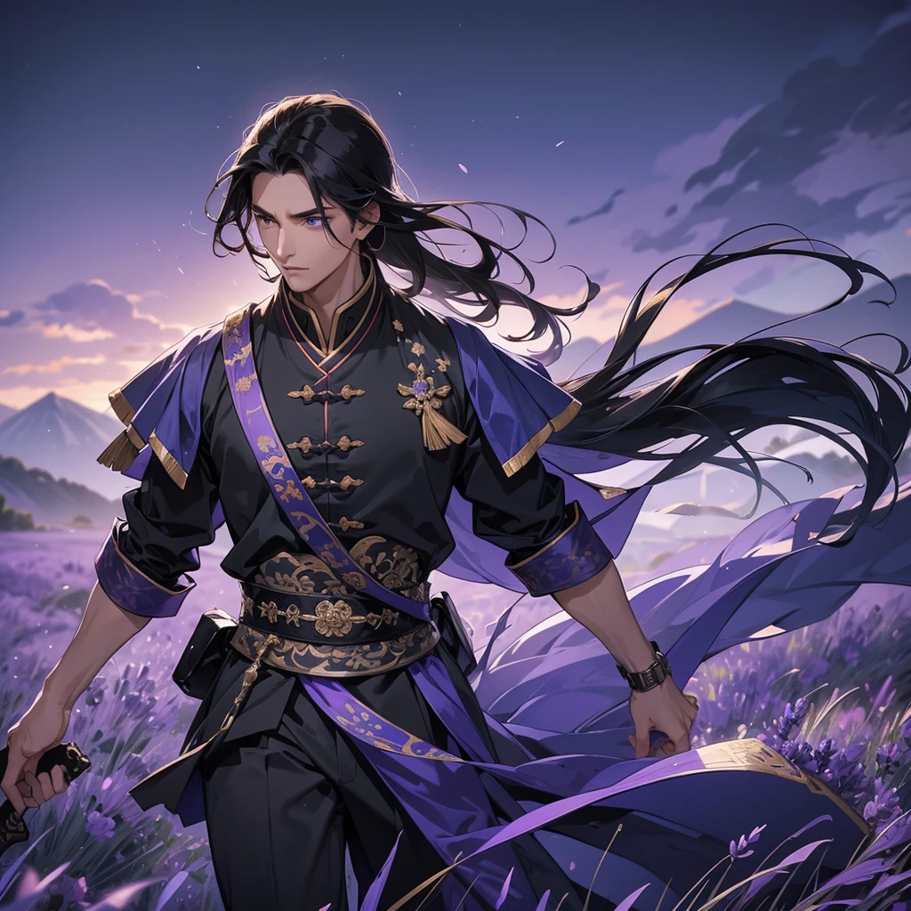Handsome black-haired male general holding a large sword in black-blue ancient Chinese general costume, walking In the middle of lavender fields , Surrounded by lavender fields, purple, with green mountains in the background, low clouds, close up.