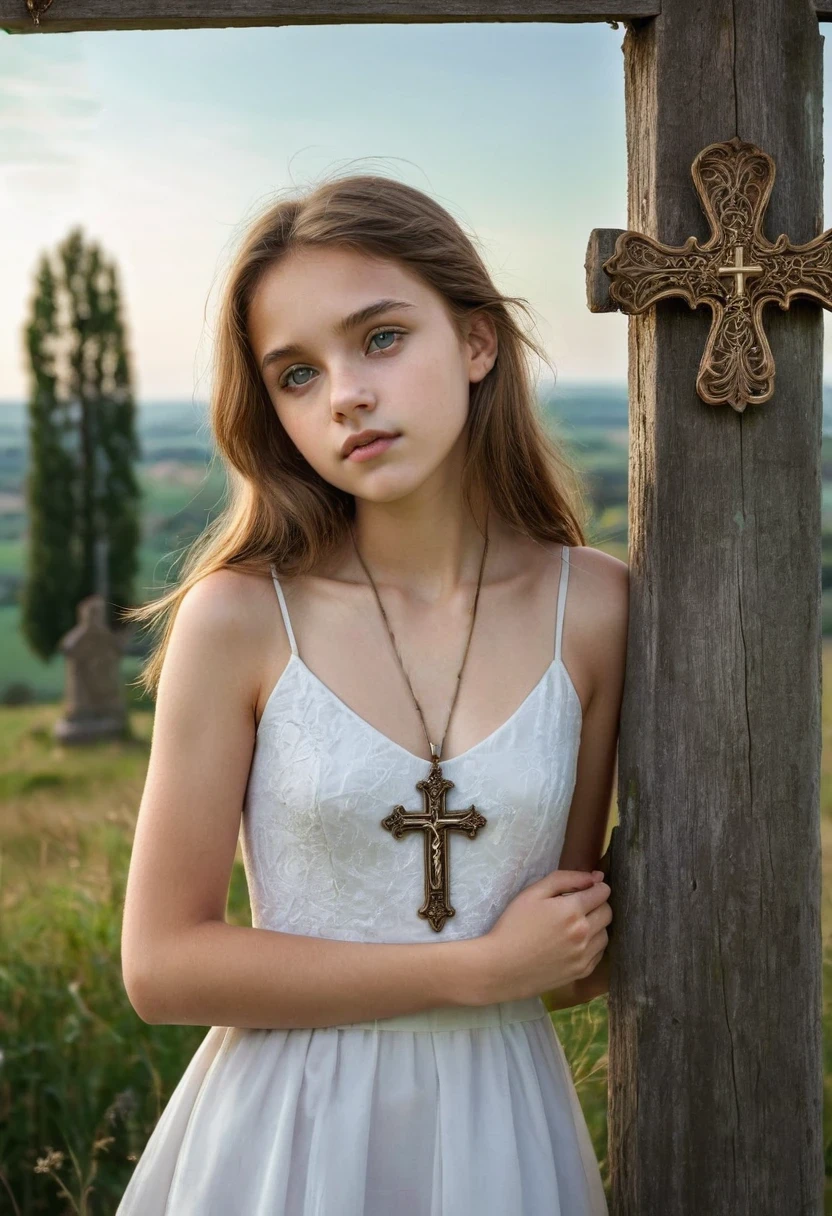 The French teenager is of petite stature and has smooth light brown hair, that reach up to her shoulders. Her eyes are big and green. She wears a simple, but elegant white dress in a muted color. She is wearing a pendant with a very small golden cross. She has a pure and innocent look. Behind her rises a majestic wooden cross, decorated with filigree carvings. The cross is surrounded by soft light, that fills the scene with a warm and calming atmosphere. The girl looks thoughtfully up at the cross, while a touch of awe and peace flits across her face, middle ages mystical countryside in the background