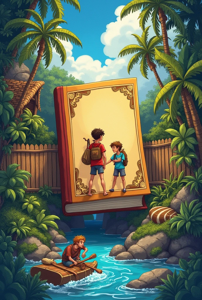Depict the book cover surrounded by several key scenes from the book. The cover is in the center, and around it are miniatures of scenes such as painting the fence, discovering treasure, and the scene on the raft. All images should be bright and dynamic, conveying a sense of adventure."