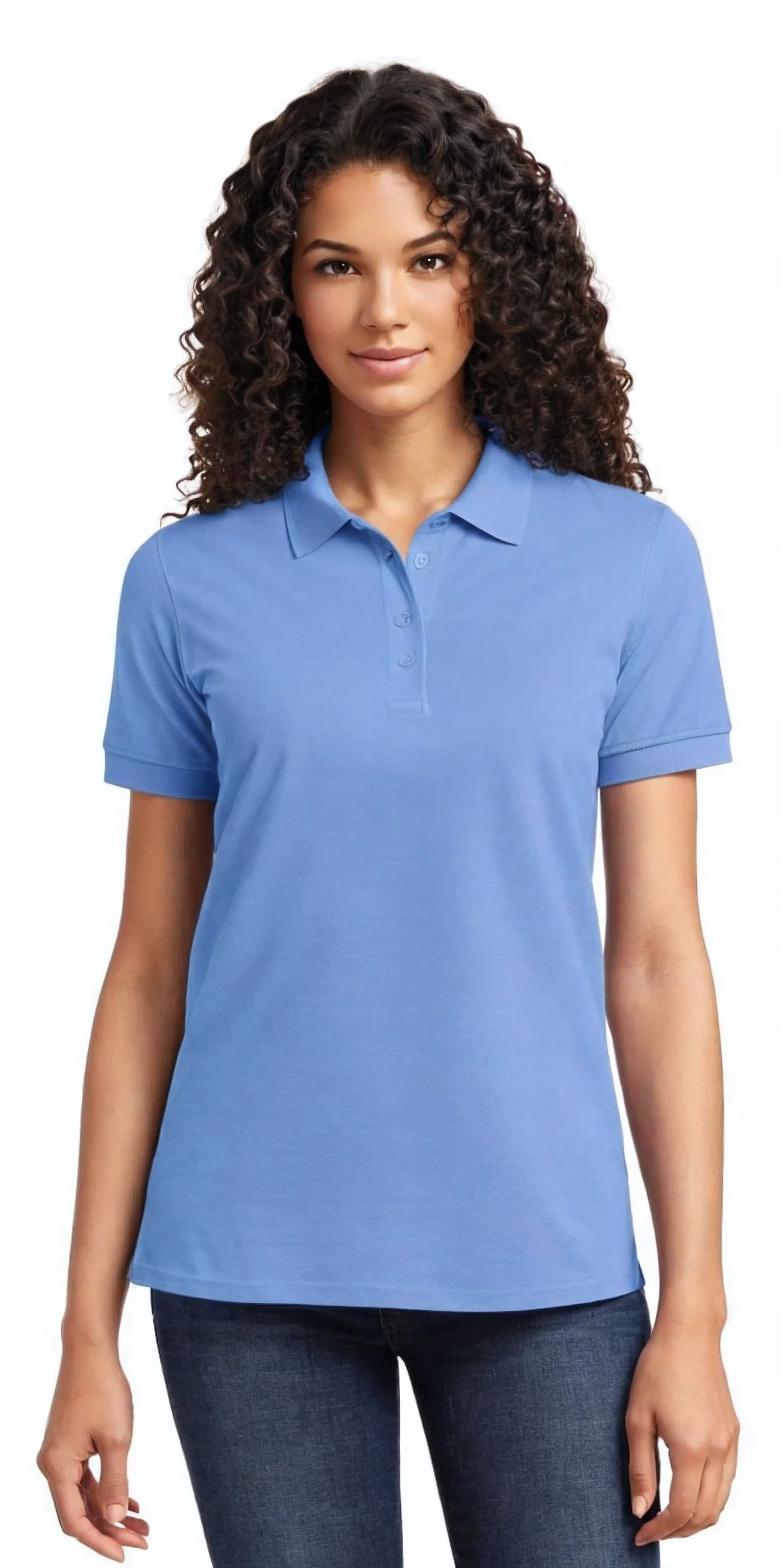 port authority women's with curly hair, polo shirt, wearing polo shirt, wearing a dark blue polo shirt, light-blue, wearing a light blue shirt, short sleeves, collared shirt, blue shirt, in a dark teal polo shirt, light blue, sky blue, blue, pale blue, half image, 3/4 front view, close body shot, blue tight tshirt, curly Hair.