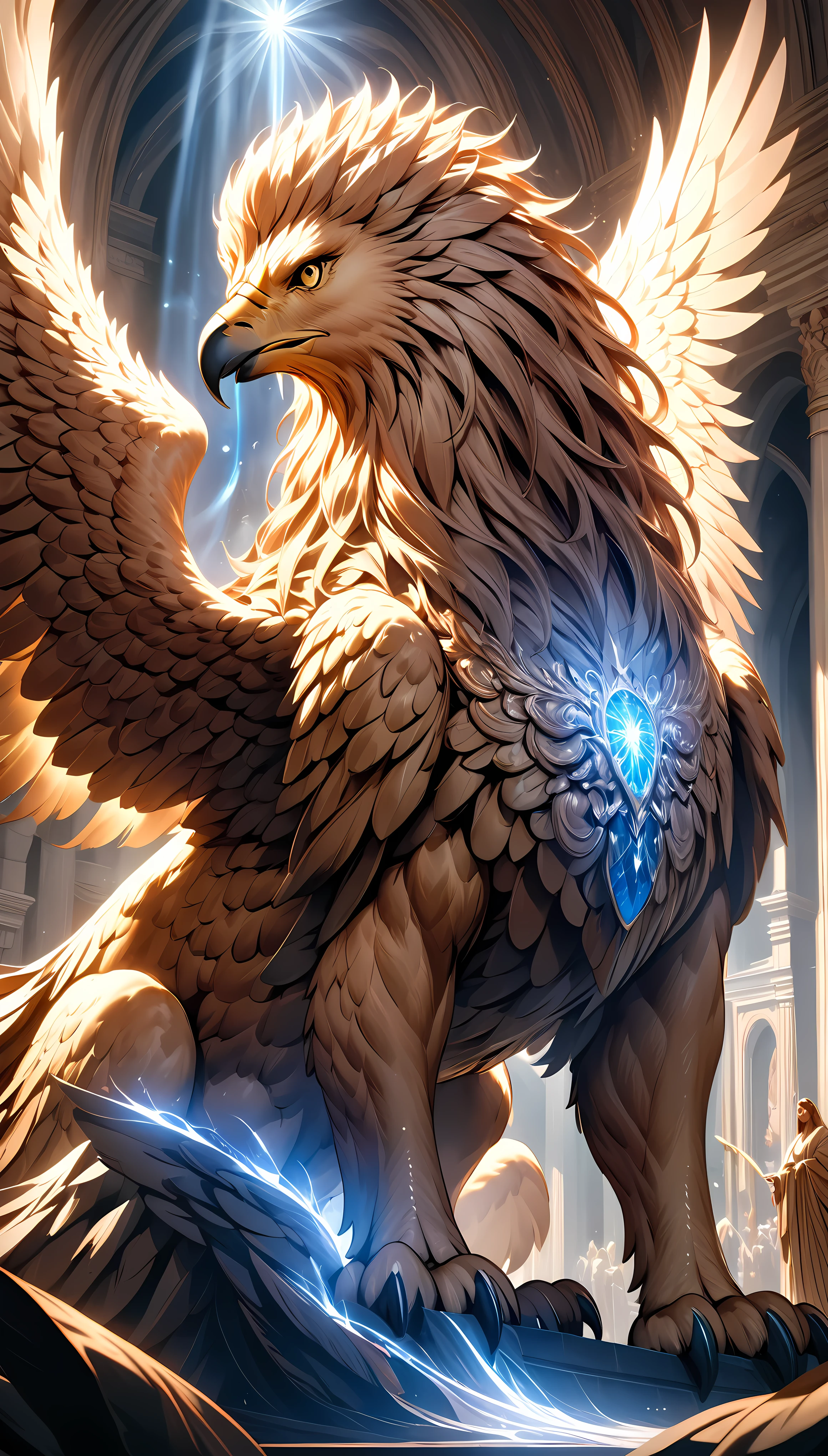 a giant majestic griffin, highly detailed and realistic, cinematic dramatic lighting, vibrant colors, masterpiece, religious painting, ARW, hyper-realistic, 8k, sharp focus, physically-based rendering, ultra-detailed, intricate details, chiaroscuro lighting, ethereal atmosphere, glowing energy, awe-inspiring, grandiose, powerful, mythical creature, mythological, fantasy, photorealistic, ornate, elegant, magnificent, divine, sacred, transcendent, spiritual