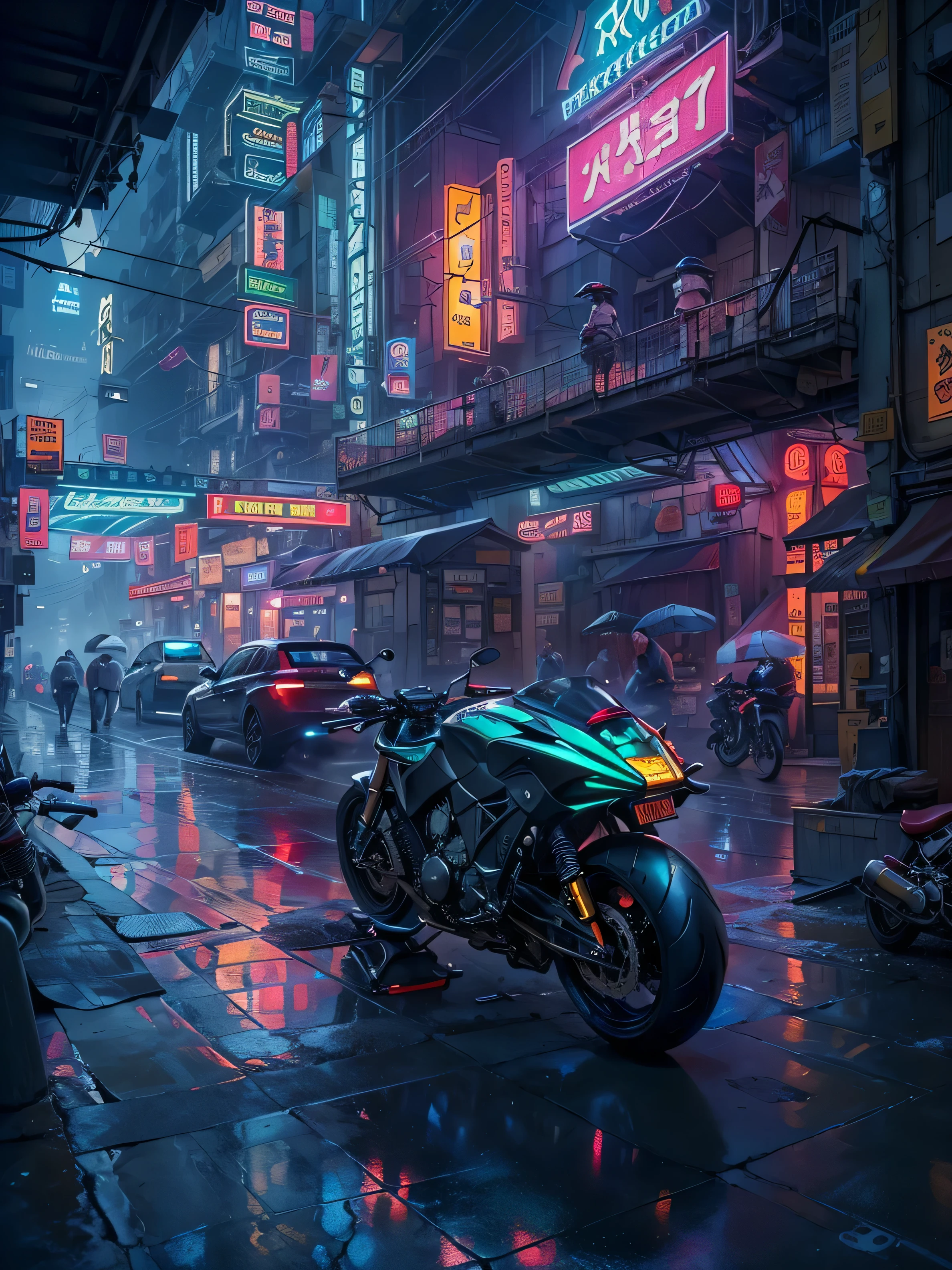 ((masterpiece)),((best quality)),((High Detail)),((Practical,)) Future Era City, There is a deep canyon in the middle, Building Street, market, bridge, Cyberpunk, European Architecture, Rainy night, neon, Futuristic motorcycle