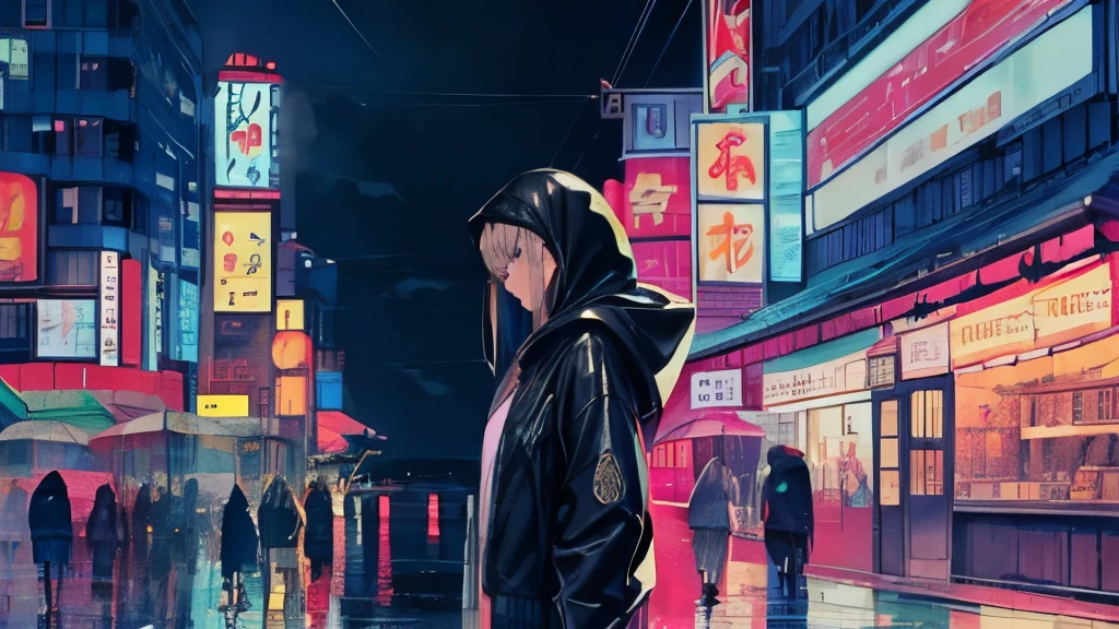 Highest quality, 4K wallpaper, masterpiece, Very fine particles, Very detailed, Intricate details, 横断歩道を渡るrainに濡れた１People Girls(From the side), clothing(Wearing a hood, Leather jacket、Oversized clothing), 1980s style, City Pop, Retro Pop, city, Outdoor, neon, night, rain, rainに濡れる, rainに濡れる黒髪, whole body
