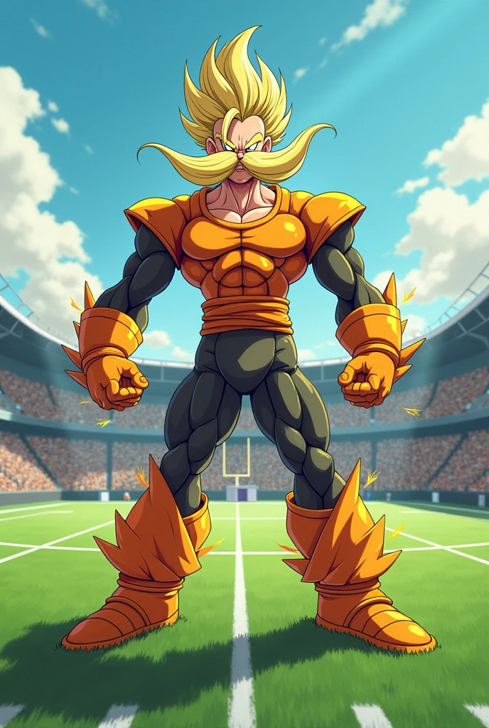 Create an image where Sam has a mustache from Looney Tunes, gotenks failed merger, on a football field