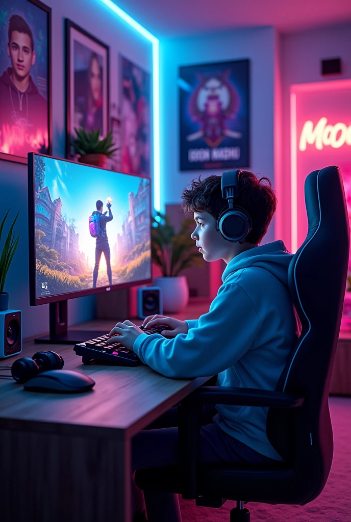 A boy streaming game a name in his gaming room called moon madhu on wall