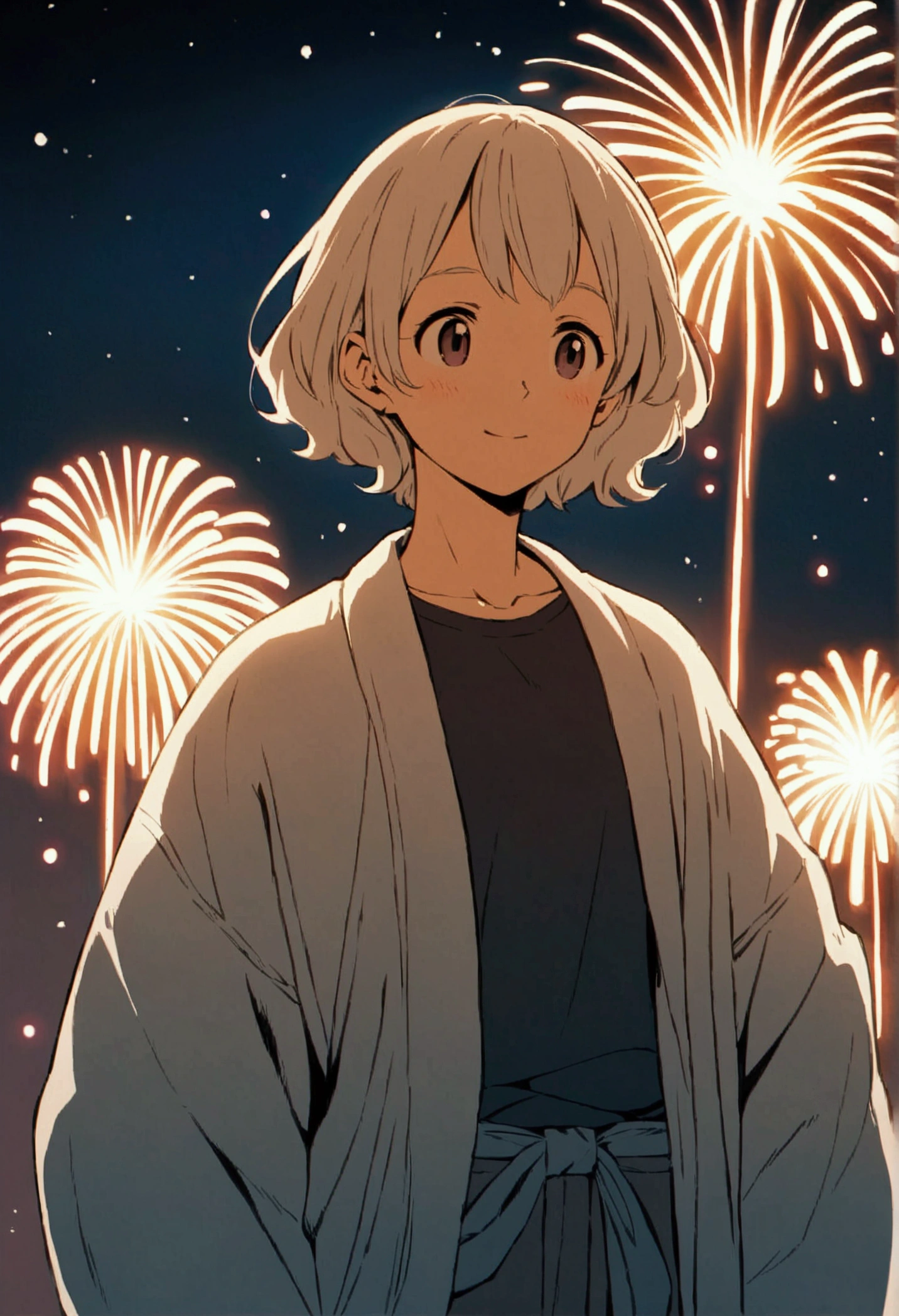 Anime-style illustrations. With light hair、he、Dressed casually with a dark shirt and loose coat over his clothing。. Beautifully drawn fireworks display, With minimalist lines. The overall color scheme is soft and dark.,More white gives the image a calm, relaxing feel. Ghibli Studio Style