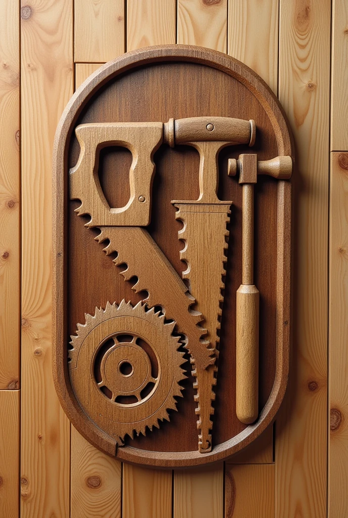 Create a logo for a carpentry shop called Polita Brother&#39;s. With saw, circular saw, Gavel. All engraved in wood. Na parte inferior escrita a frase Wood Working Shop