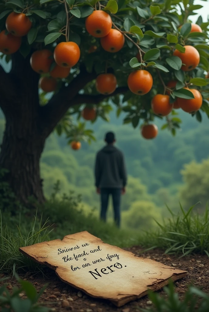create a tree with many fruits, a person throwing stones at the fruits, card of sadness, 8k ultrarealistic, cinematographic