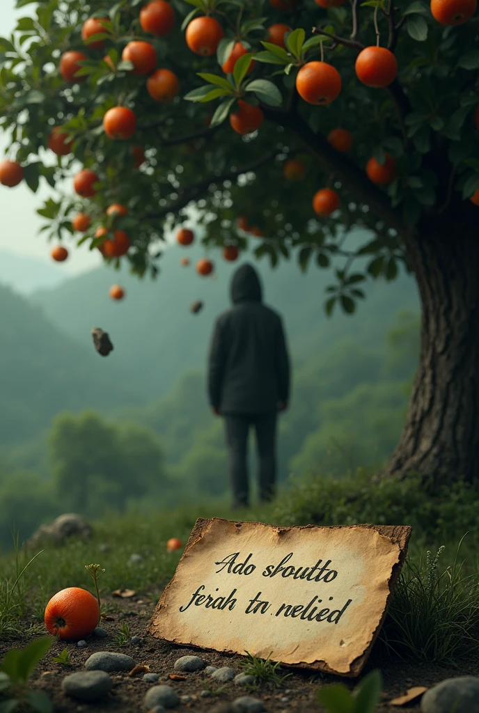 create a tree with many fruits, a person throwing stones at the fruits, card of sadness, 8k ultrarealistic, cinematographic
