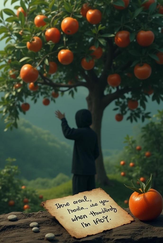 create a tree with many fruits, a person throwing stones at the fruits, card of sadness, 8k ultrarealistic, cinematographic