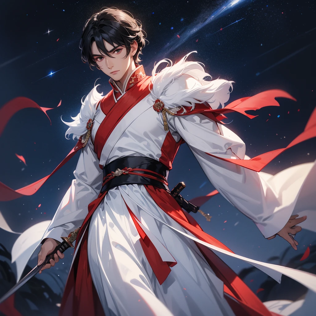 A Handsome black-hair male holding a large sword in white-red hanfu dress, Background is a dark night, with moonlight and millions of stars, twinkling everywhere, with blue light, close up.