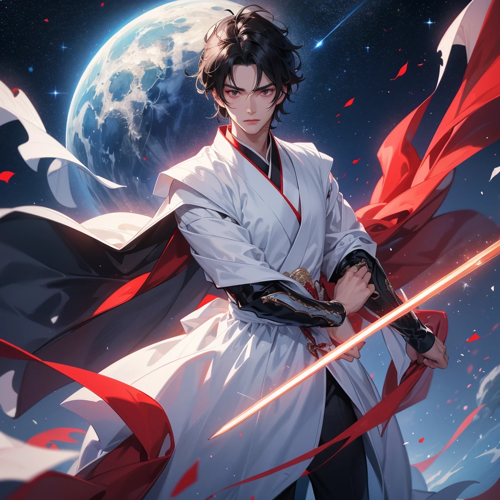 A Handsome black-hair male holding a large sword in white-red hanfu dress, Background is a dark night, with moonlight and millions of stars, twinkling everywhere, with blue light, close up.
