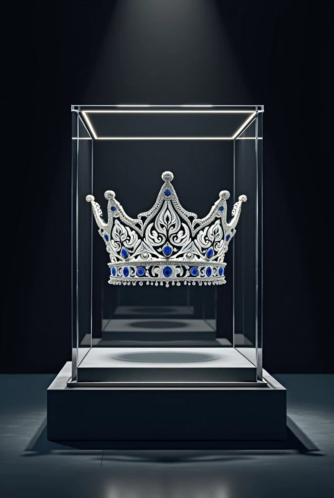 (bookcover), large silver wedding crown, Wedding crown in a glass box on the table, dark background, Under the glass box there is a stage space for cast weddings