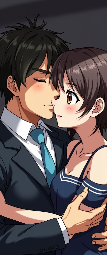 (32K:1.9, Realistic:1.9, Highest quality, masterpiece, Ultra-high resolution), Perfect dynamic composition:1.3, Highly detailed skin and facial textures:1.3, Cute sexy slim Japanese schoolgirl, (Slimman, Height about 180cm), (They both close their eyes, A man hugs and kisses a woman:1.3), Fair skin, ((Clarity:1.1)), (Man is anime「Marmalade Boy」Wearing a wonderful uniform:1.3, Bright yellow hair, beautiful目:1.3), (The woman is wearing a uniform with a light blue tie..:1.3, Straight black hair.:1.3, smile:0.9, A man completely charms a woman:0.9, beautiful Blue Eyes, beautiful, Clear Eyes:0.8), Sexy Face:0.4, blush:1.1, (beautifulエロティシズムを醸し出す雰囲気:0.8), Professional random camera work, Cinematic Lighting Effects, (Full Body Shot), (Too erotic), romantic, mysterious, Object of admiration, original, dramatic, artistic, Innovative, charm, Heartful, Fancy, Tilt, sense of loss, special, exciting, Extreme, sense of openness, joy, joyの表現, ((若さのcharm, 女性的なcharm))