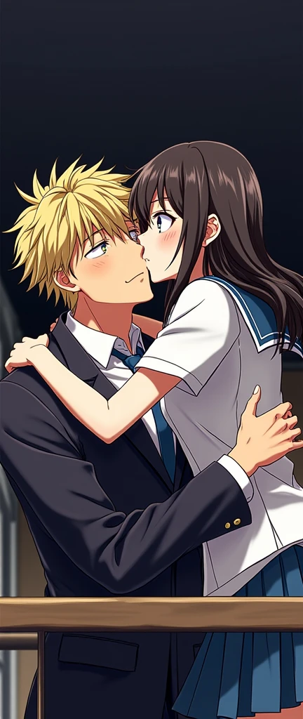 (32K:1.9, Realistic:1.9, Highest quality, masterpiece, Ultra-high resolution), Perfect dynamic composition:1.3, Highly detailed skin and facial textures:1.3, Cute sexy slim Japanese schoolgirl, (Slimman, Height about 180cm), (They both close their eyes, A man hugs and kisses a woman:1.3), Fair skin, ((Clarity:1.1)), (Man is anime「Marmalade Boy」Wearing a wonderful uniform:1.3, Bright yellow hair, beautiful目:1.3), (The woman is wearing a uniform with a light blue tie..:1.3, Straight black hair.:1.3, smile:0.9, A man completely charms a woman:0.9, beautiful Blue Eyes, beautiful, Clear Eyes:0.8), Sexy Face:0.4, blush:1.1, (beautifulエロティシズムを醸し出す雰囲気:0.8), Professional random camera work, Cinematic Lighting Effects, (Full Body Shot), (Too erotic), romantic, mysterious, Object of admiration, original, dramatic, artistic, Innovative, charm, Heartful, Fancy, Tilt, sense of loss, special, exciting, Extreme, sense of openness, joy, joyの表現, ((若さのcharm, 女性的なcharm))