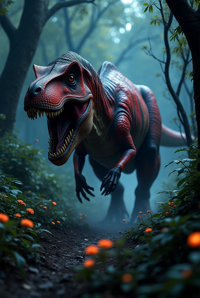 Red Tyrannosaurus Rex with black stripes in the African forest at night. Terror. frightful. fear.