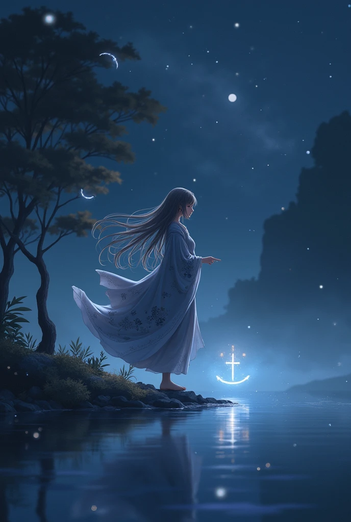 A shrine maiden girl at the waterside at night　Long hair swaying in the wind　There are white souls all around