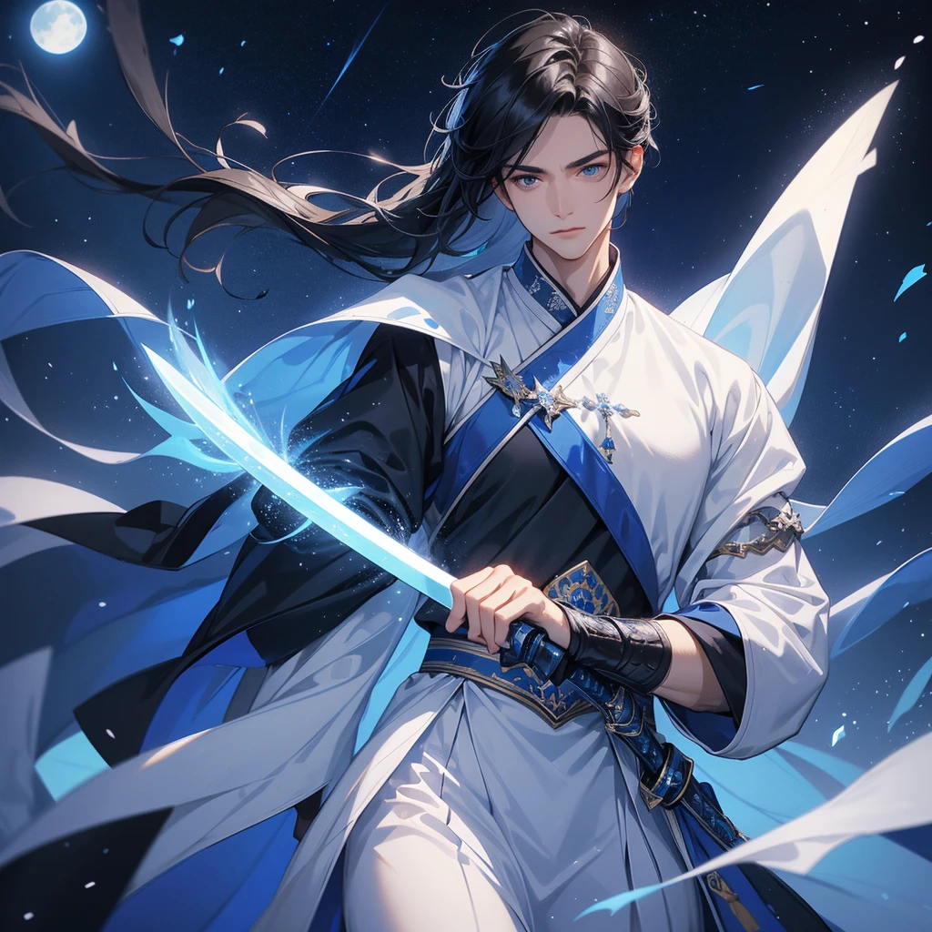 A Handsome black-hair male holding a large sword in white-blue hanfu dress, Background is a dark night, with moonlight and millions of stars, twinkling everywhere, with blue light, close up.