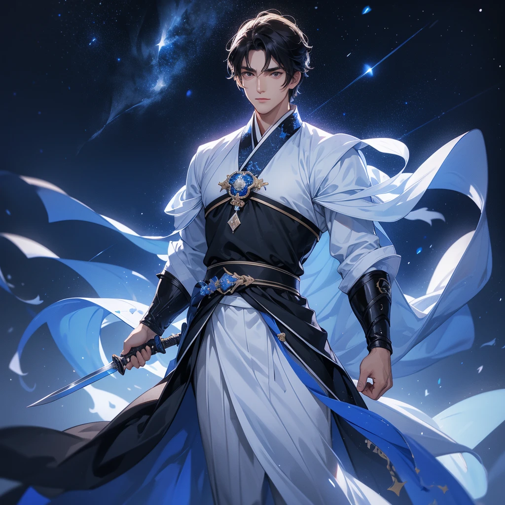 A Handsome black-hair male holding a large sword in white-blue hanfu dress, Background is a dark night, with moonlight and millions of stars, twinkling everywhere, with blue light, close up.