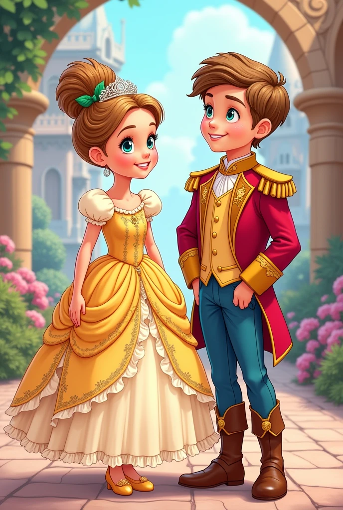 Girl dressed as princess and prince looking forward showing their full bodies in the picture Disney style colorful line art drawing 