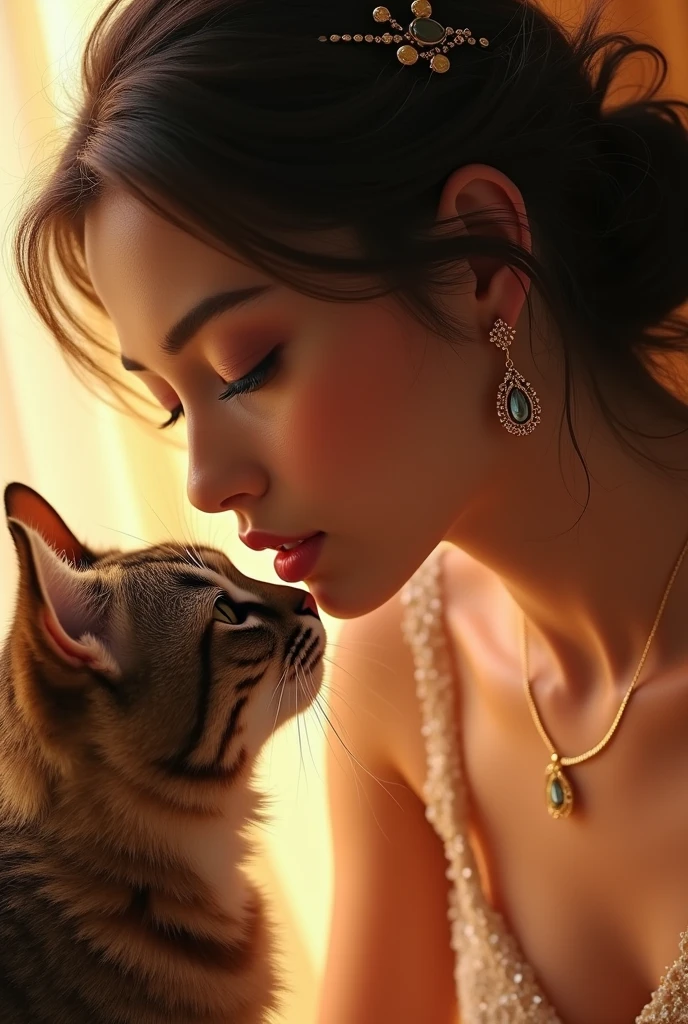 A woman leaning down and sniffing the scent of a cat's rear, (1 woman:1.1), high quality, ultra-detailed, masterpiece, photorealistic, 8k, cinematic lighting, warm color palette, oil painting, jewelry, beautiful detailed eyes, beautiful detailed lips, extremely detailed face, long eyelashes, elegant dress, serene expression