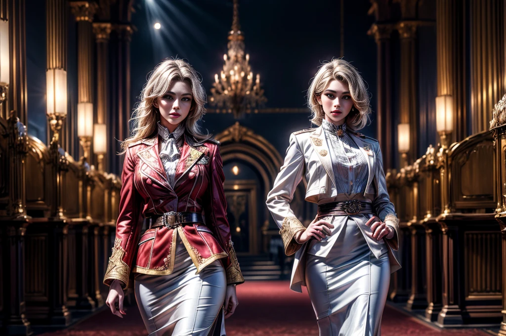 masterpiece,best quality, masterpiece, high detail,detailed face,detailed eyes,rendered eyes,perfect eyes,hip lines,crisp image,detailed,amazing,8k,8k wallpaper,8k background,high detailed skin,high res, (((cowboy shot))), solo, 1girl,looking at viewer,WillowSchnee, . Her attire consists of a white cravat secured by a silver brooch set with a red stone, as well as a light violet jacket with light sleeves, a wide belt around her waist, a matching pencil skirt with black tights and slippers. serious expression, outside ornate theater, gala, blue carpet, crowd, ((crowd arriving in military uniforms)) standing in front of military vehicle, holding wine glass, (volumetric lighting), sharp focus, hyper detailed