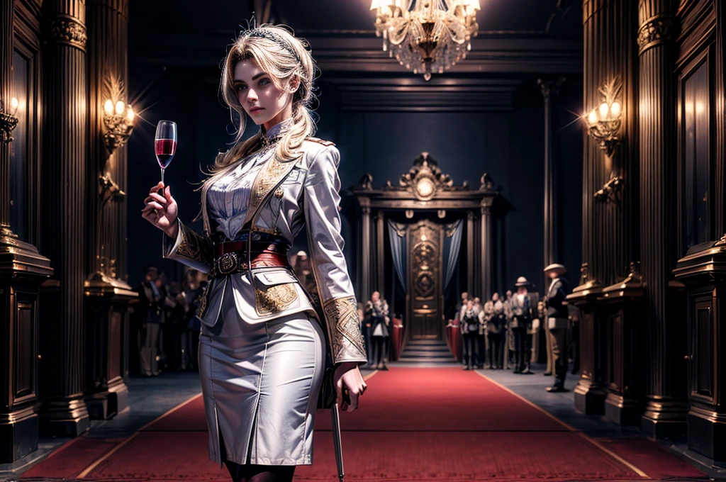 masterpiece,best quality, masterpiece, high detail,detailed face,detailed eyes,rendered eyes,perfect eyes,hip lines,crisp image,detailed,amazing,8k,8k wallpaper,8k background,high detailed skin,high res, (((cowboy shot))), solo, 1girl,looking at viewer,WillowSchnee, . Her attire consists of a white cravat secured by a silver brooch set with a red stone, as well as a light violet jacket with light sleeves, a wide belt around her waist, a matching pencil skirt with black tights and slippers. serious expression, outside ornate theater, gala, blue carpet, crowd, ((crowd arriving in military uniforms)) standing in front of military vehicle, holding wine glass, (volumetric lighting), sharp focus, hyper detailed