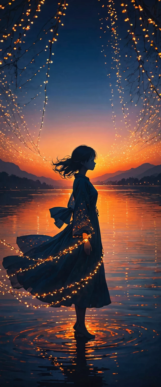 The image depicts the silhouette of a person standing against a stunning sunset backdrop. The sky transitions from a rich orange near the horizon to deep blue as it ascends. The person appears to be wrapped in a string of small, glowing fairy lights, with some of them lit up, creating an ethereal and captivating contrast against the dark silhouette. The person seems to be holding up one arm, perhaps adjusting or interacting with the lights. The overall mood of the image is peaceful and enchanting.girl