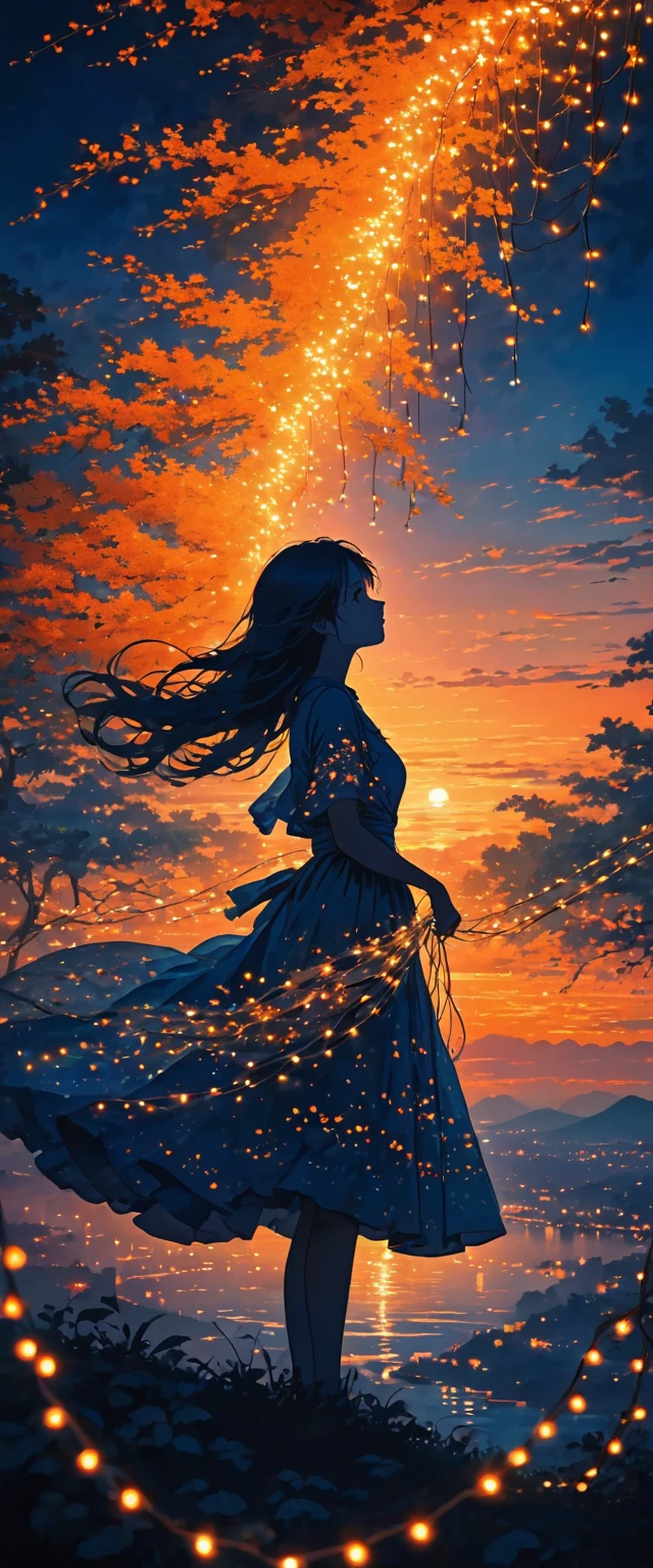 The image depicts the silhouette of a person standing against a stunning sunset backdrop. The sky transitions from a rich orange near the horizon to deep blue as it ascends. The person appears to be wrapped in a string of small, glowing fairy lights, with some of them lit up, creating an ethereal and captivating contrast against the dark silhouette. The person seems to be holding up one arm, perhaps adjusting or interacting with the lights. The overall mood of the image is peaceful and enchanting.girl