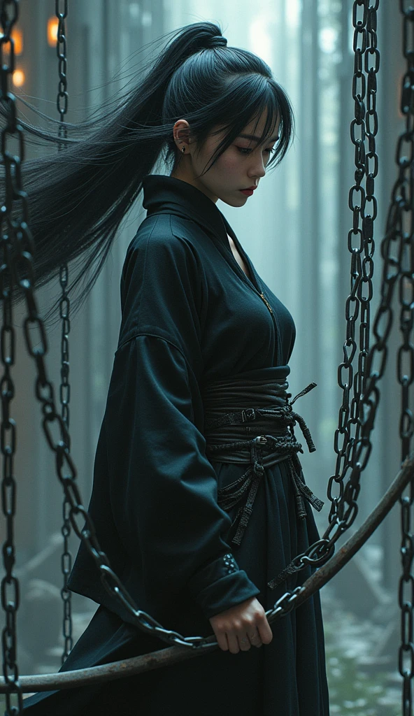 a female japanese ninja with flowing black hair, intricate chained weaponry, chains emanating from all directions, chains flying randomly towards the viewer, strong sense of depth and perspective, highly detailed, ultra-realistic, cinematic lighting, dramatic color palette, masterpiece, award-winning digital art