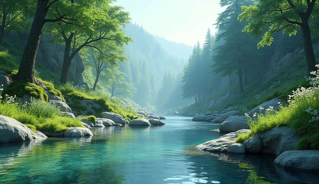 clear flowing river water and green mossy rocks, melodious chirping of birds,flowers and pine trees