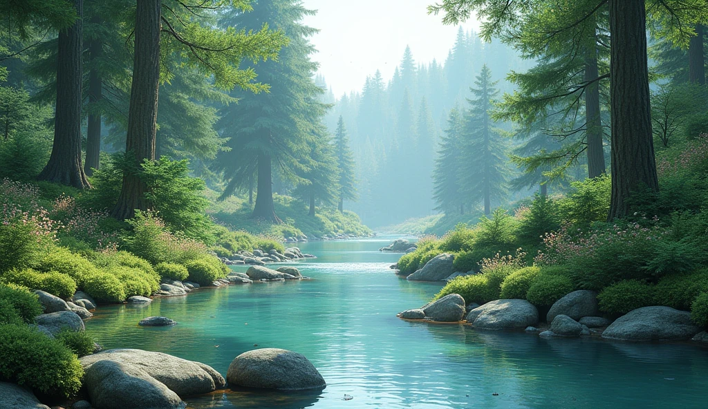 clear flowing river water and green mossy rocks, melodious chirping of birds,flowers and pine trees 