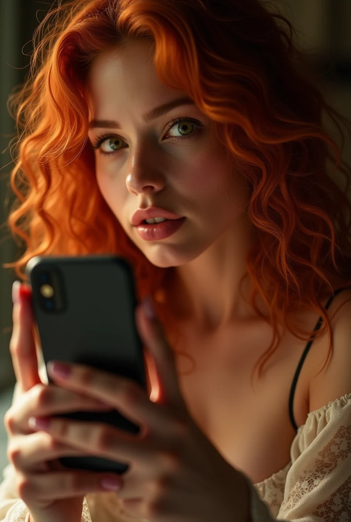 Sexy nude green eyed girl with curly red hair is taking dirty selfies with her phone