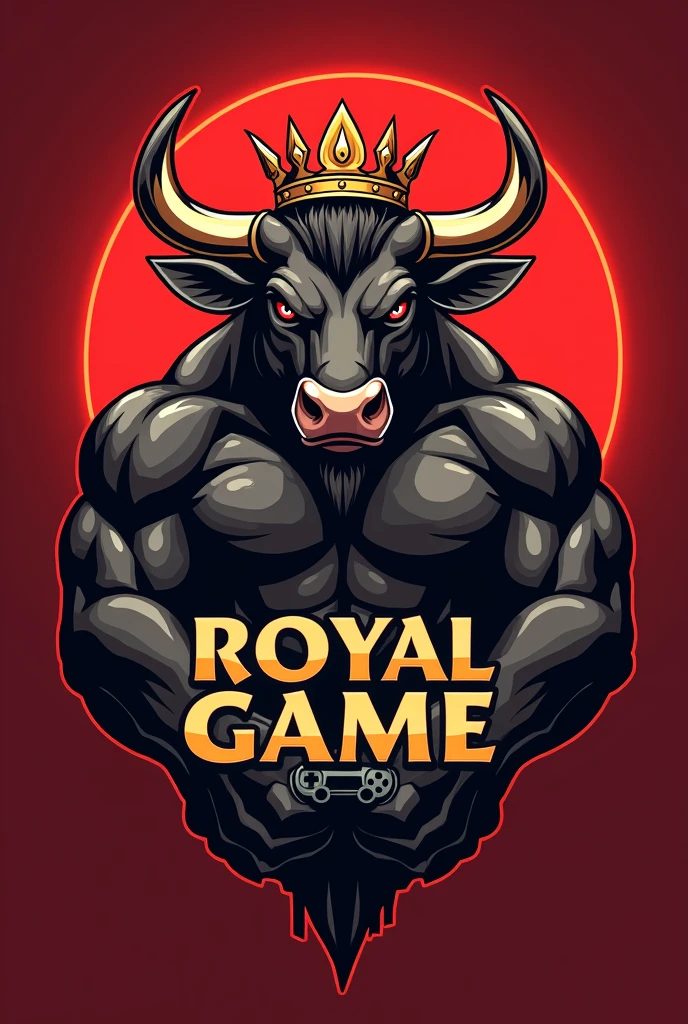 (Logo salle de jeux Royal game) buls muscle rouge avec manette gamer et couronne royal et affiche l'écriture Royal game 